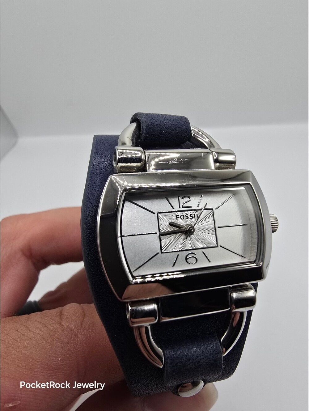 Fossil BQ1119 Women’s Quartz Analog Silver Dial Rectangle SS Blue Leather